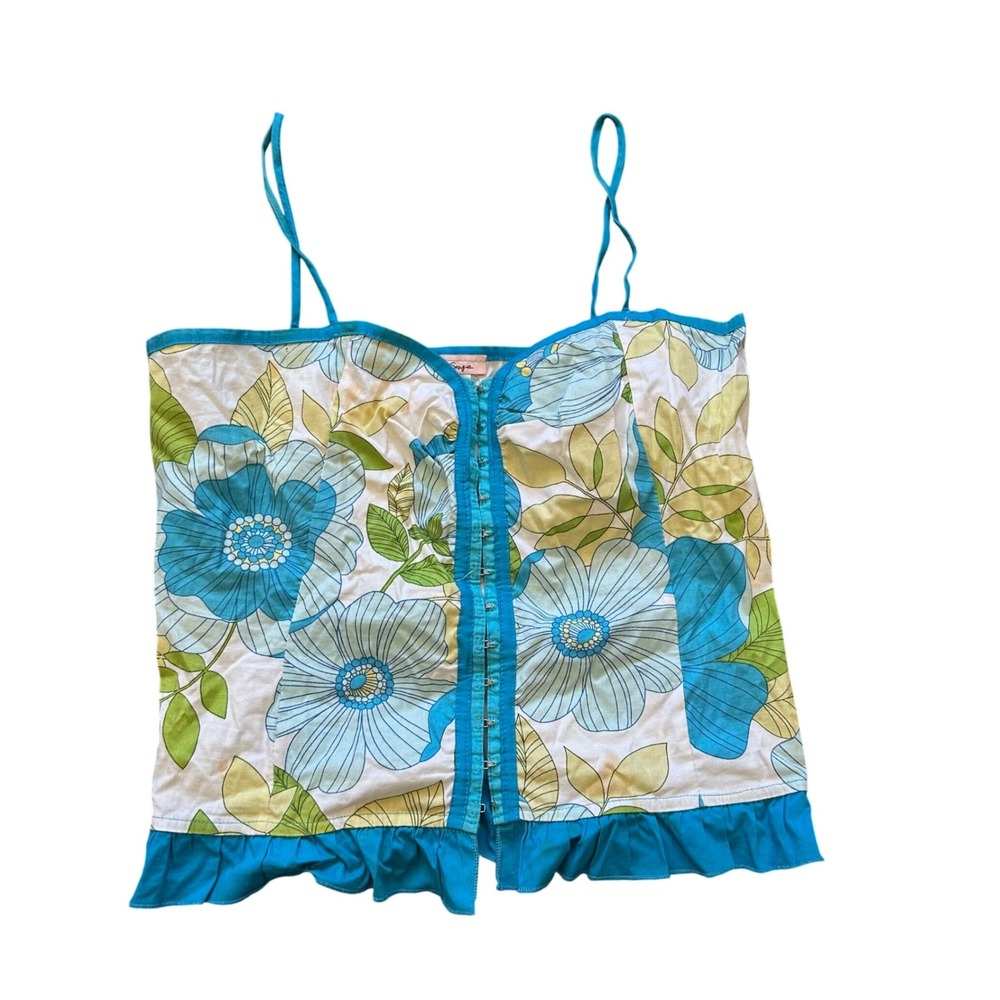 Backstage Floral Hook and Eye Ruffle Cami Top Blue Green Y2K Women Large T1055